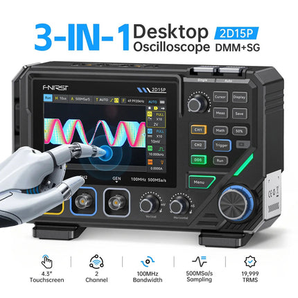 FNIRSI 2D15P (3-in-1) 2-ch Oscilloscope (100 MHz) + Multimeter + Signal Generator (Features)